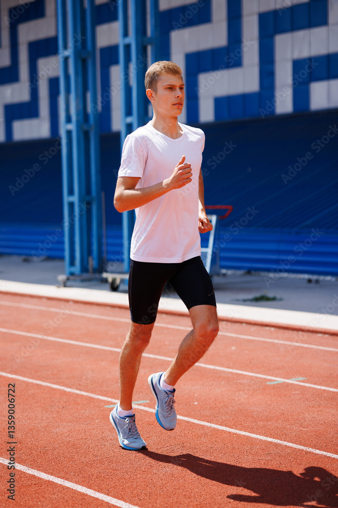 Obraz premium Young male athlete sprinting on a red running track, wearing sportswear, training outdoors on a sunny day, focused on speed and performance.