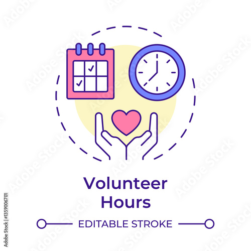 Volunteer hours multi color concept icon. Total time on organization tasks. Contribution activity tracking. Round shape line illustration. Abstract idea. Graphic design. Easy to use in brochure
