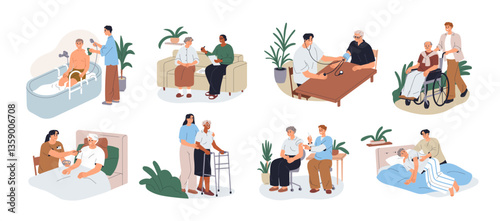 Care for senior elder people at home, set. Caregivers help, support old aged with walk, food, health. Aid, service, assistance for elderly. Flat vector illustrations isolated on white background