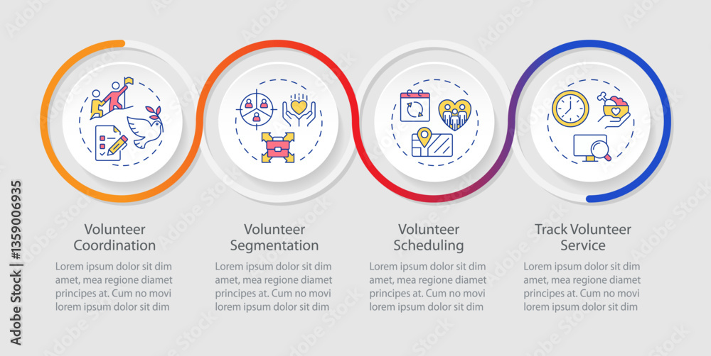 Fototapeta premium Volunteer management infographics circles sequence. Nonprofit social activity regulation. Visualization layout with 4 steps. Info chart loop process presentation. Myriad Pro-Regular font used