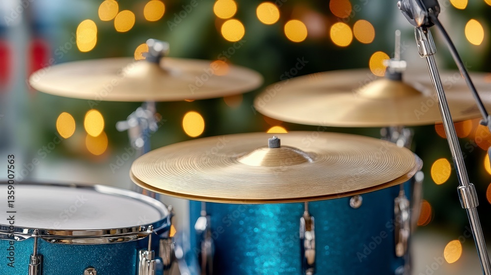Obraz premium Close-up of Blue Drum Set with Cymbals against Bokeh Background