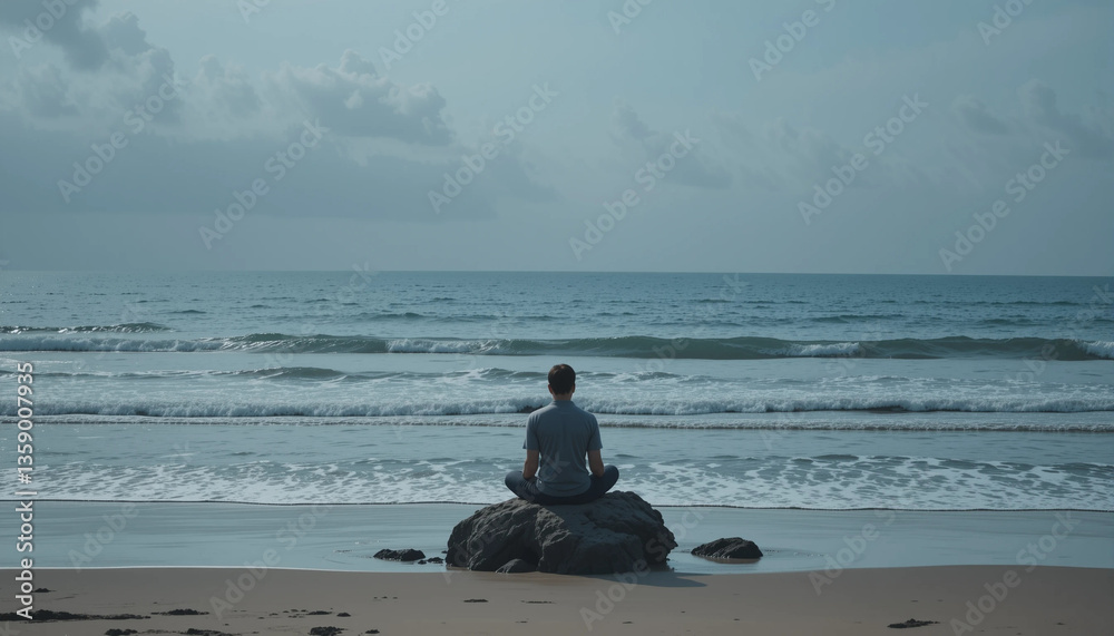 Person meditating on a rock by the ocean, embracing tranquility while watching the waves Person meditating on a rock by the ocean, embracing tranquility while watching the waves
