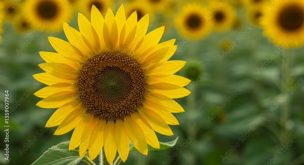 A close up of a sunflower in a beautiful sunflower field
