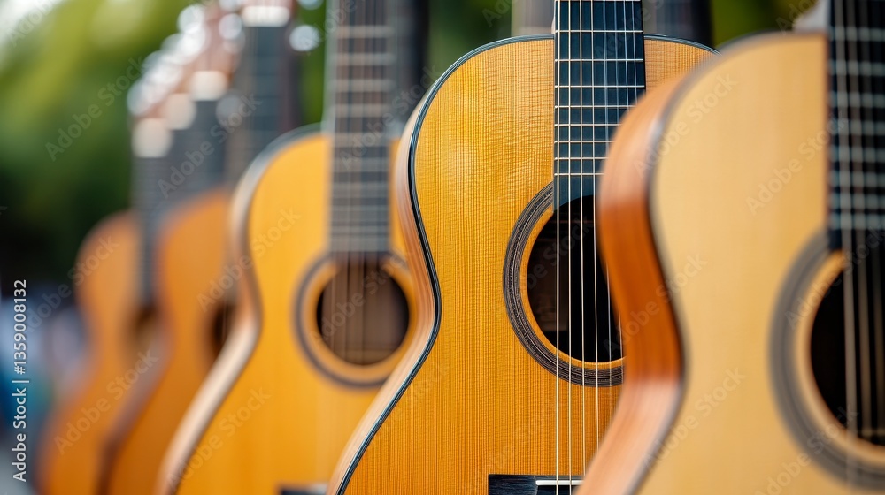 Obraz premium Close-Up of Beautiful Acoustic Guitars on Display in a Row