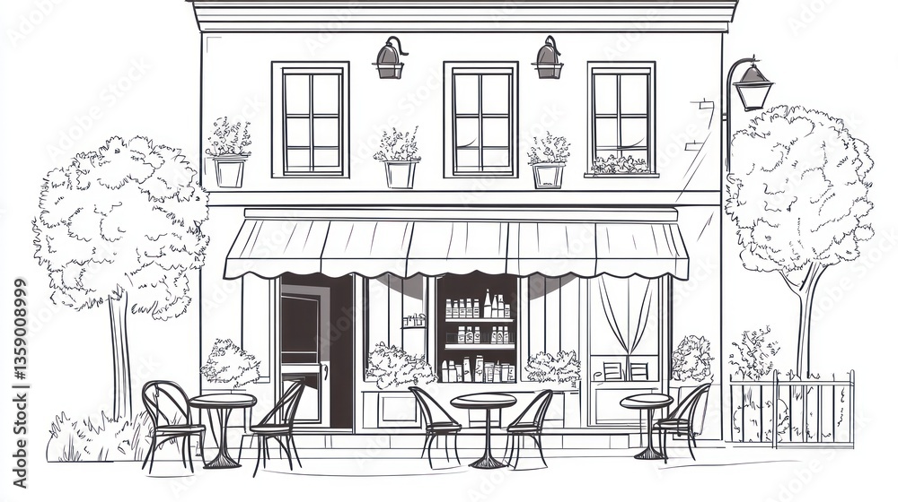 Obraz premium Black and white cafe drawing, exterior, trees, tables, chairs