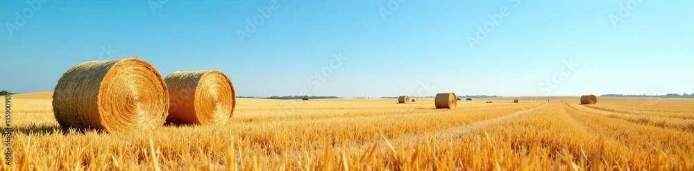 Fototapeta premium A rustic background of golden hay bales under a clear blue sky, haymaking, rural