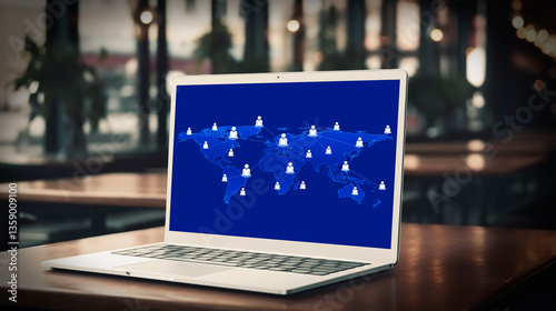 Businessman icon with world map connection lines on laptop computer monitor screen on wooden table over blur coffee shop, Business and technology communication online concept