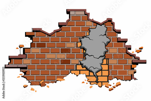 Decaying Brick Wall with Crumbling Plaster and Exposed Brickwork - Urban Decay Architectural Detail.