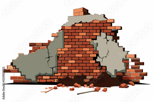 Decaying Brick Wall with Crumbling Plaster and Exposed Brickwork - Urban Decay Architectural Detail.