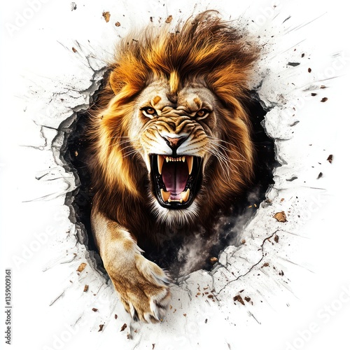 Wallpaper Mural Powerful lion bursting through a wall.  A fierce lion emerges from a hole in a wall, roaring with intensity.  The lion's mane is magnificent Torontodigital.ca
