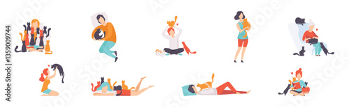 People Cat Lover as Pet Owners Playing and Caring of Their Domestic Animal Vector Set