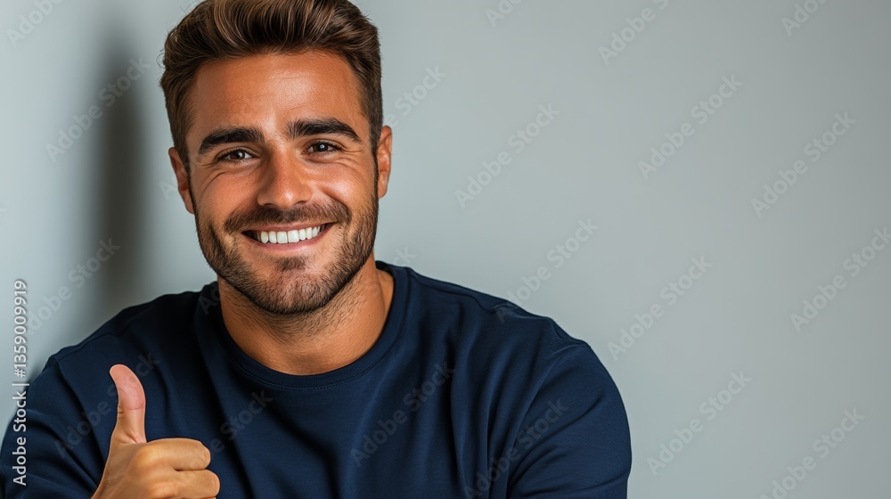 Man with a big smile on his face is giving a thumbs up. He is wearing a blue shirt and is standing in front of a wall Man with a big smile on his face is giving a thumbs up. He is wearing a blue shirt and is standing in front of a wall
