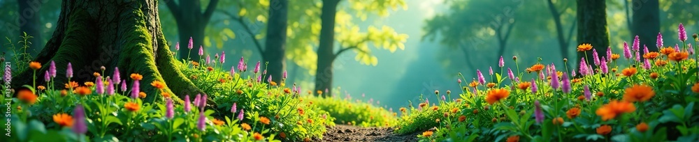Obraz premium A serene forest scene with vibrant wildflowers, towering trees, and lush green plants, vibrant, plants