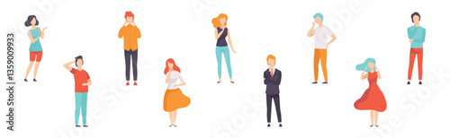 People Character Standing and Thinking or Making Decision Vector Set