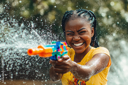 Happy traveler African woman wearing summer shirt holding colourful squirt water gun over blur park, Water festival holiday concept