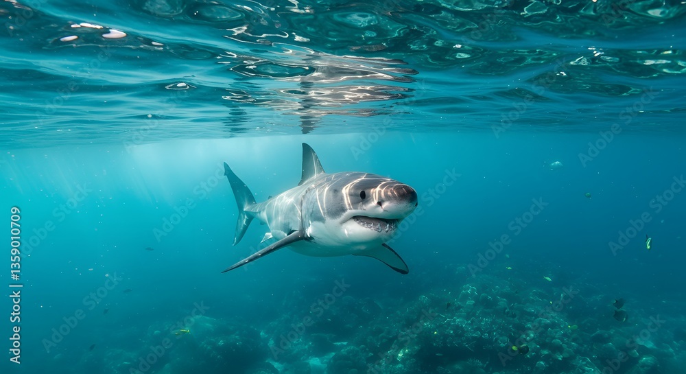 Naklejka premium Great White Shark Surfacing in Blue Waters