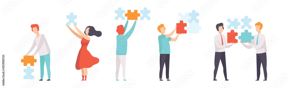 People Holding Blue Jigsaw Puzzle Element Vector Set People Holding Blue Jigsaw Puzzle Element Vector Set