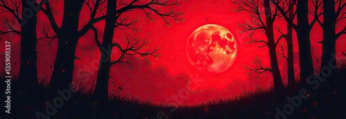 red sunset in the forest. Silhouettes of trees on a red background. Horror mystic nightmare creepy fear concept. Paranormal supernatural surreal scene. Long web banner. Website header. Black Friday