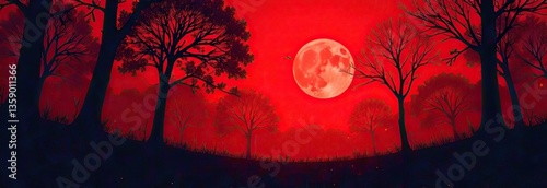 red sunset in the forest. Silhouettes of trees on a red background. Horror mystic nightmare creepy fear concept. Paranormal supernatural surreal scene. Long web banner. Website header. Black Friday