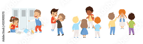 Angry Warring Boy Kid Bullying Weak Agemate Vector Set