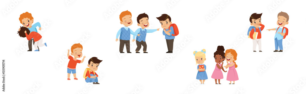 Angry Warring Boy and Girl Kid Bullying Weak Agemate Vector Set Angry Warring Boy and Girl Kid Bullying Weak Agemate Vector Set
