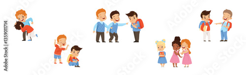 Angry Warring Boy and Girl Kid Bullying Weak Agemate Vector Set