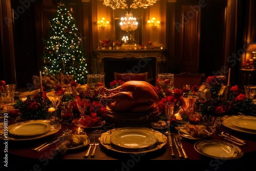 Holiday dinner scene with turkey, Christmas tree and ornate home decor indoors