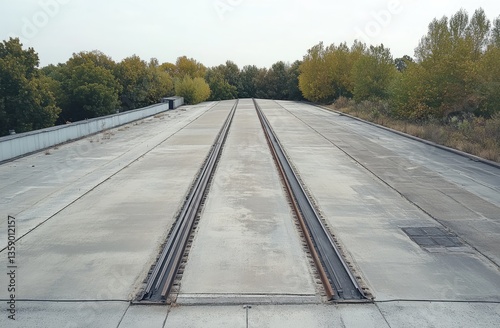 Elevated train tracks on a flat concrete surface, stretching into the distance, amidst trees and a partly visible building roof photo
