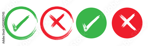 check mark icon button set. Green and black check mark, red cross mark icon set. check box icon with right and wrong buttons and yes or no checkmark icons in green tick box and red cross