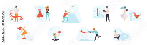 People Character Wearing Virtual Reality Glasses Vector Set