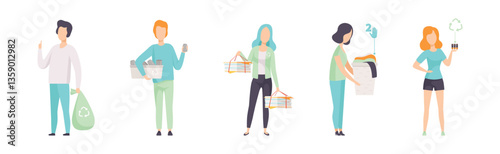 Man and Woman Sorting Garbage and Trash Vector Set