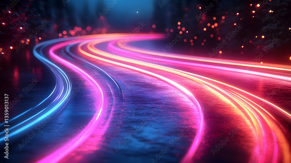 A vibrant night scene with glowing neon lights illuminating a winding road through a forest A vibrant night scene with glowing neon lights illuminating a winding road through a forest