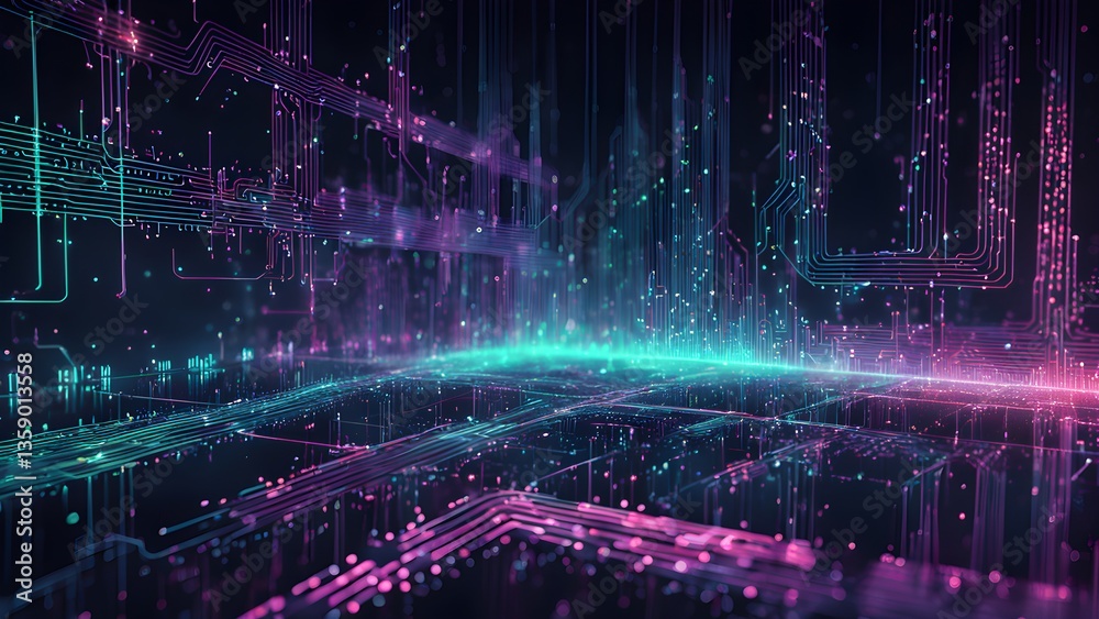 Fototapeta premium Abstract Neon Circuit Board Glow Cityscape