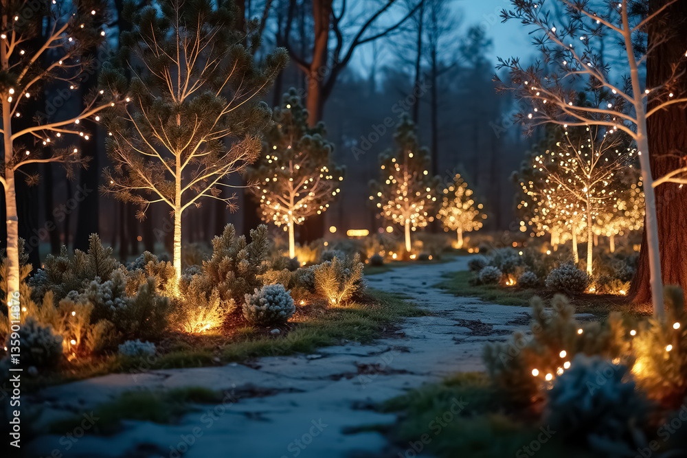 Naklejka premium illuminated pine trees a pathway at night
