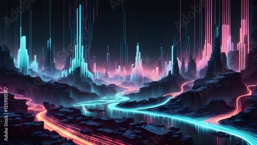Neon Cityscape: Futuristic Digital Landscape Glowing Rivers