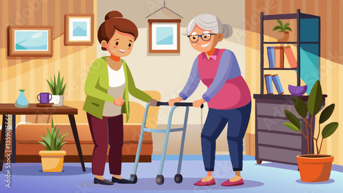 Caretaker helping elderly woman with walking frame indoors