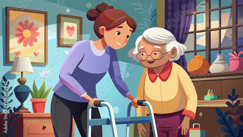 Caretaker helping elderly woman with walking frame indoors