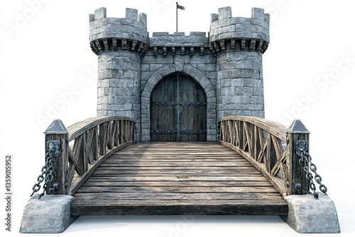 A stunning medieval drawbridge with heavy wooden panels, metal rivets, and thick chains, leading to a stone castle entrance, isolated on a clean white backdrop.  