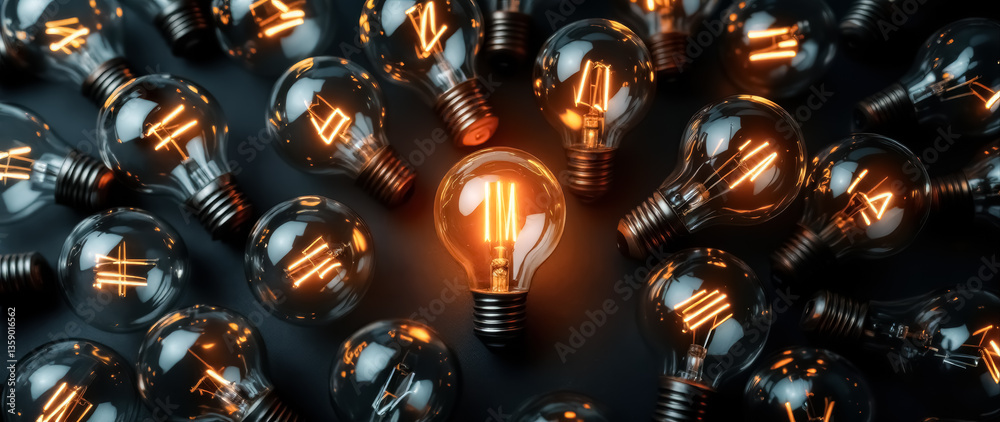 Fototapeta premium group of glowing vintage lightbulbs representing ideas and inspiration