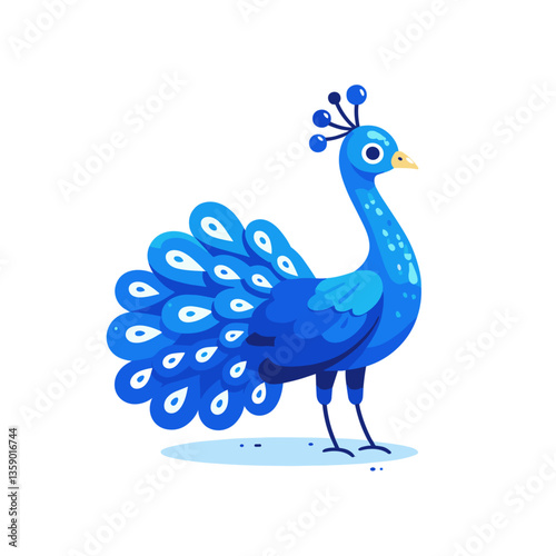 Vibrant blue peacock cartoon with display of feathers, standing pose. Perfect for bird illustrations and exotic wildlife educational content.