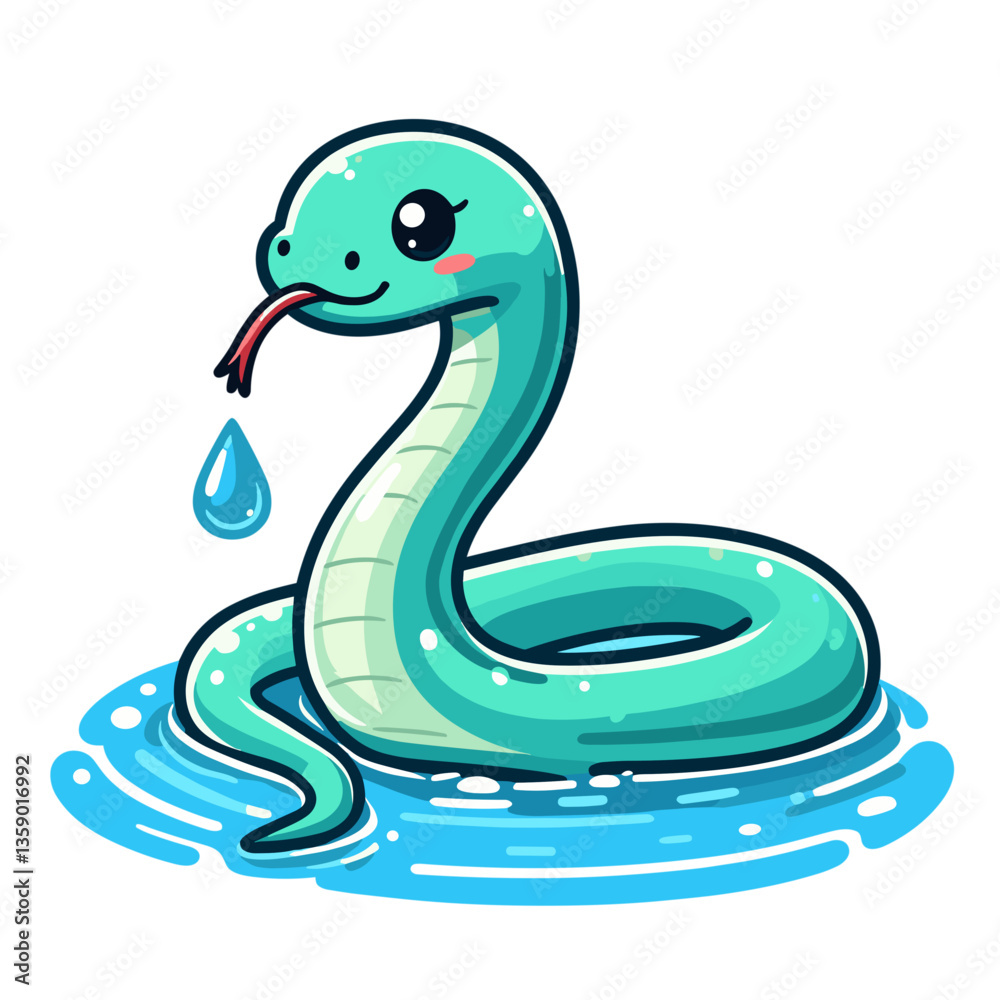 Cartoon water snake with water droplet on white background. Suitable for aquatic wildlife education, environmental themes, or nature illustration collections. Cartoon water snake with water droplet on white background. Suitable for aquatic wildlife education, environmental themes, or nature illustration collections.