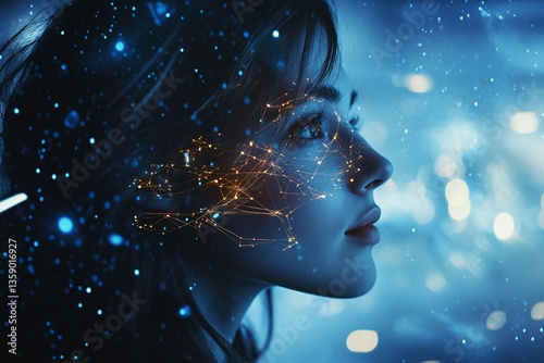 A woman's face is shown in a blue background with a starry sky