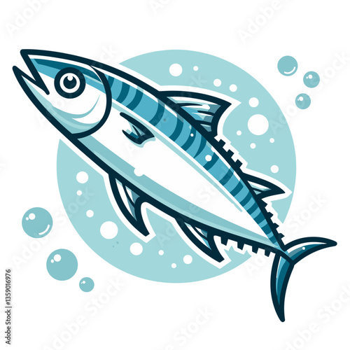 Blue striped tuna fish with bubbles on circular background. Ideal for seafood restaurants, fishing themes, or marine biology educational materials.
