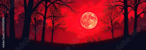 red sunset in the forest. Silhouettes of trees on a red background. Horror mystic nightmare creepy fear concept. Paranormal supernatural surreal scene. Long web banner. Website header. Black Friday