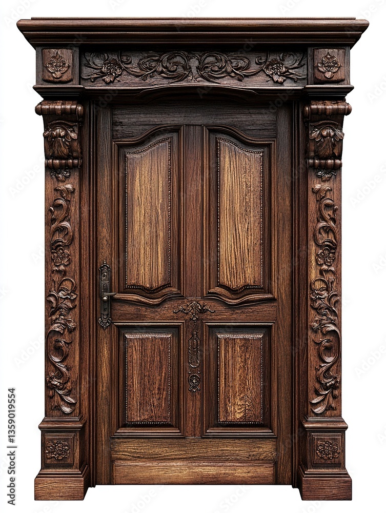 A traditional wooden door clipart with fine carvings of floral and scrollwork details, enhanced by a rich varnish finish, isolated on white.