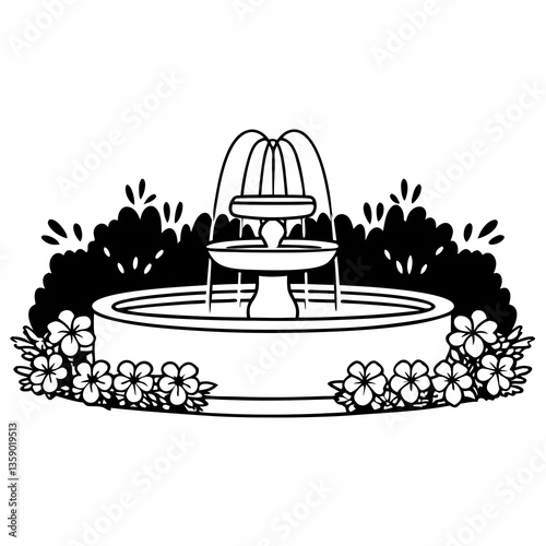 Decorative fountain surrounded by flowers in a garden setting  