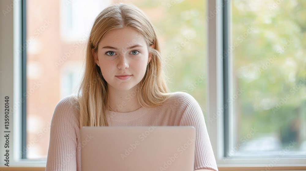 Young Woman Working on Laptop with Calm Expression in Bright Room Young Woman Working on Laptop with Calm Expression in Bright Room