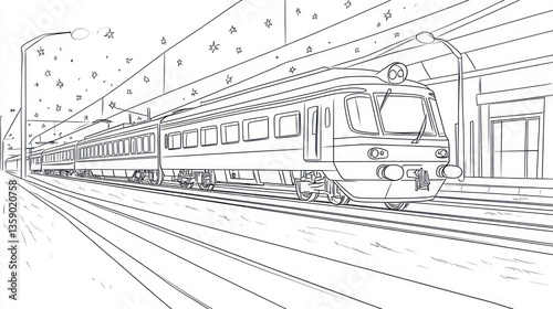 Night train arriving at station, sketch style, illustration
