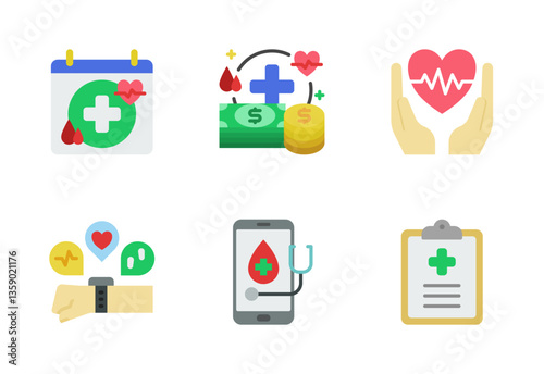 Health Care icon set, vector, in outline color style, for medical, health, wellness, etc