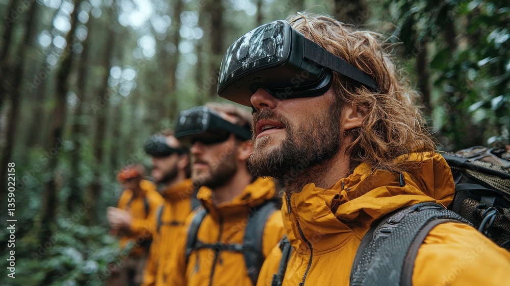 Obraz premium Men in VR headsets hiking in a forest.